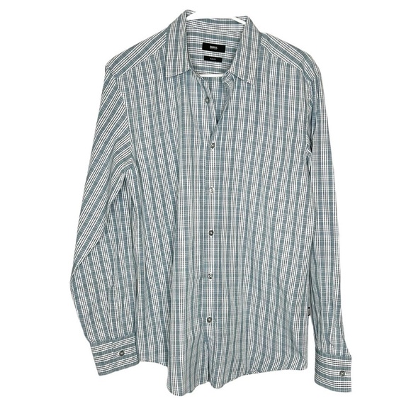 Boss Hugo Boss Ronny Plaid Slim Fit Shirt Men's Large Blue Button‎ Down - Picture 2 of 7